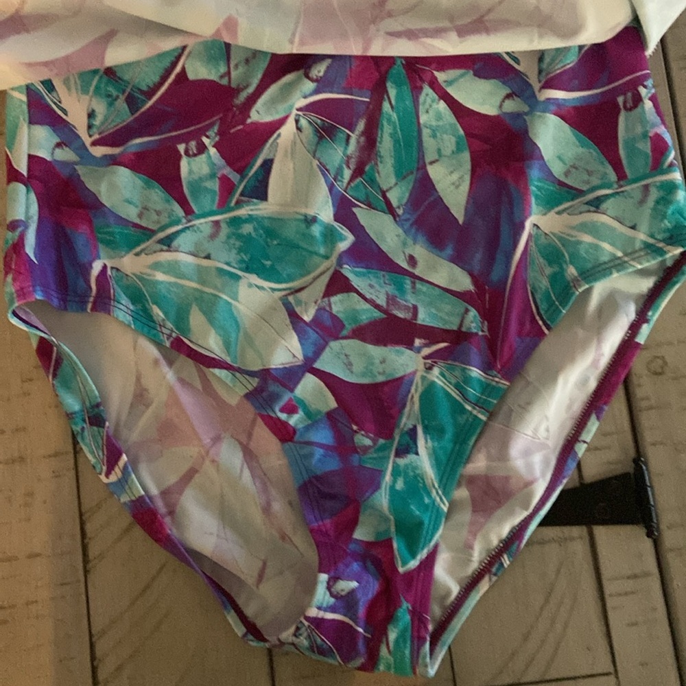 Denim & Co. Beach V Neck Handkerchief Hem Swim Dress Aqua Abstract Palm 10 New - Picture 13 of 15